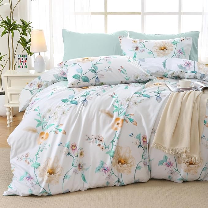 MUXHOMO Green Branch Bed in a Bag Queen 7 Pieces, Queen Comforter Set Reversible Botanical Flowers Design, Ultra Soft & Breathable Bedding Sets with Comforter, Sheets, Pillowcases & Shams