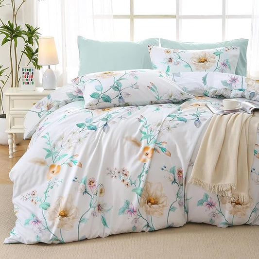 MUXHOMO Green Branch Bed in a Bag Queen 7 Pieces, Queen Comforter Set Reversible Botanical Flowers Design, Ultra Soft & Breathable Bedding Sets with Comforter, Sheets, Pillowcases & Shams