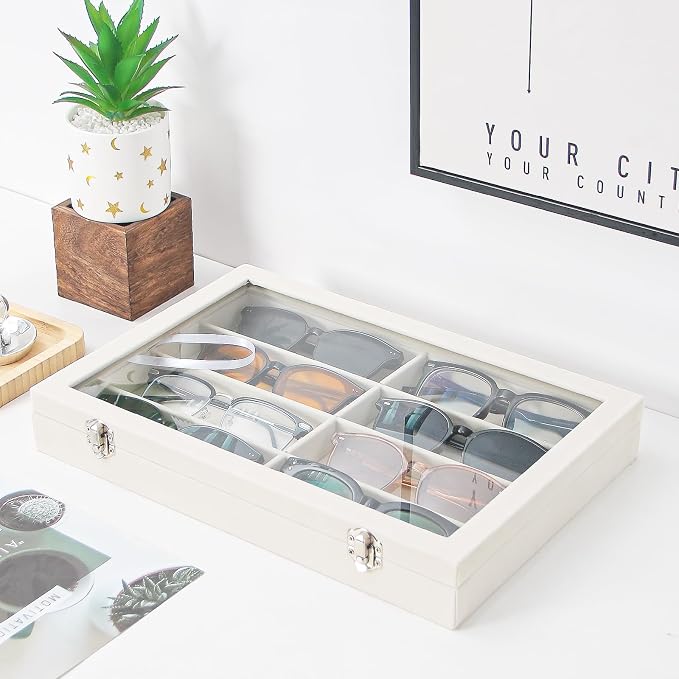 Coward Sunglass Organizer Tray Box, Beige Velvet Grids Eyeglasses Display Tray Case with Transparent Glass Lid for Home Use or Store Shop Selling Show - Image 2