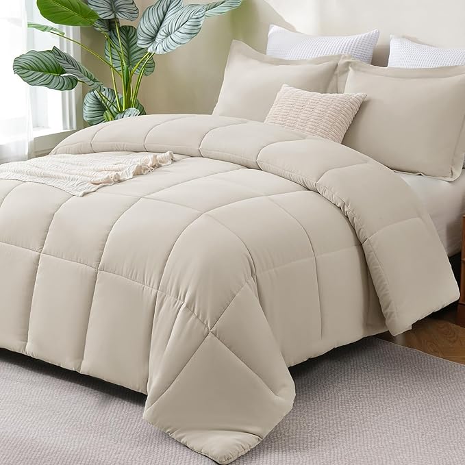 CozyLux King Size Comforter Set - Beige Comforter King Size, 3 Pieces Box Stitched Bed Set for All Seasons, Soft Lightweight Bedding Sets with 1 Down Alternative Comforter and 2 Pillow Shams