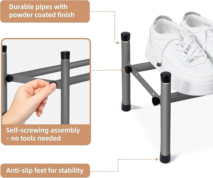 STORAGE MANIAC Expandable Shoe Rack, 4 Pairs Stackable Small Shoe Rack, Metal Adjustable Shoes Organizer for Closet, Entryway, Hallway, Garage, Front Door, Shoes Shelves, Black 1 Tier - Image 6