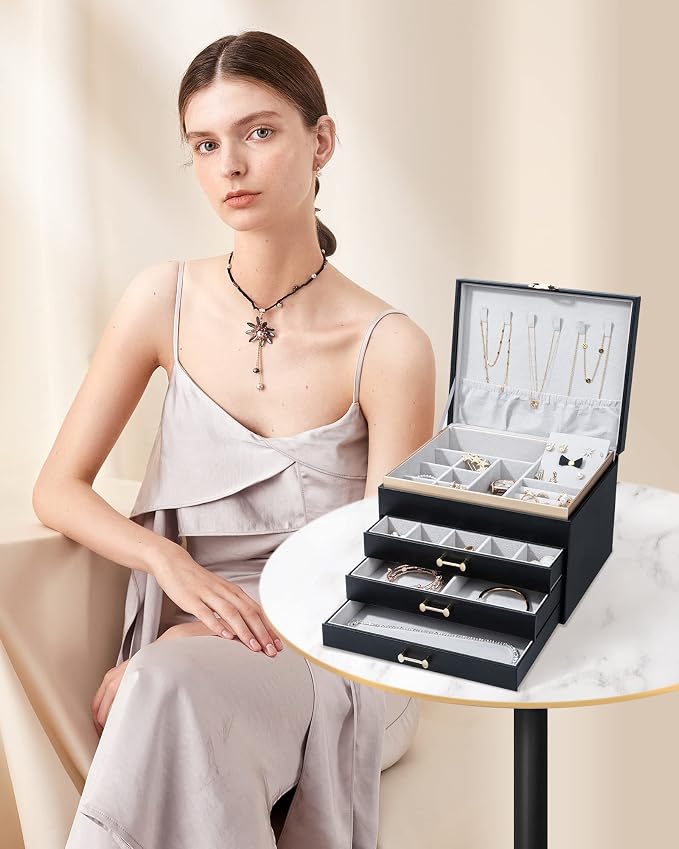 Jewelry Box，4-Layer Large Jewelry Organizers for Women with 3 Drawers,Storage Modern Style Jewelry Boxes Storage of Earrings Rings Bracelets Necklace（Black） - Image 8