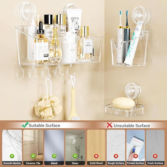 LUXEAR Suction Cup Shower Caddy Clear - Shower Caddy+Soap Dish+Toothbrush Holder - 1 Second Installation NO-Drilling Removable Powerful Waterproof Shower Organizer for inside Shower Bathroom - Image 7