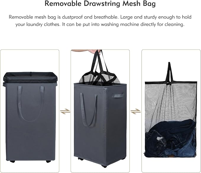 DOKEHOM 90L X-Large Laundry Basket with Removable Wash Bag on Wheels, Collapsible Rolling Laundry Hamper, Foldable Clothes Organizer, Folding Washing Bin (Grey) - Image 8