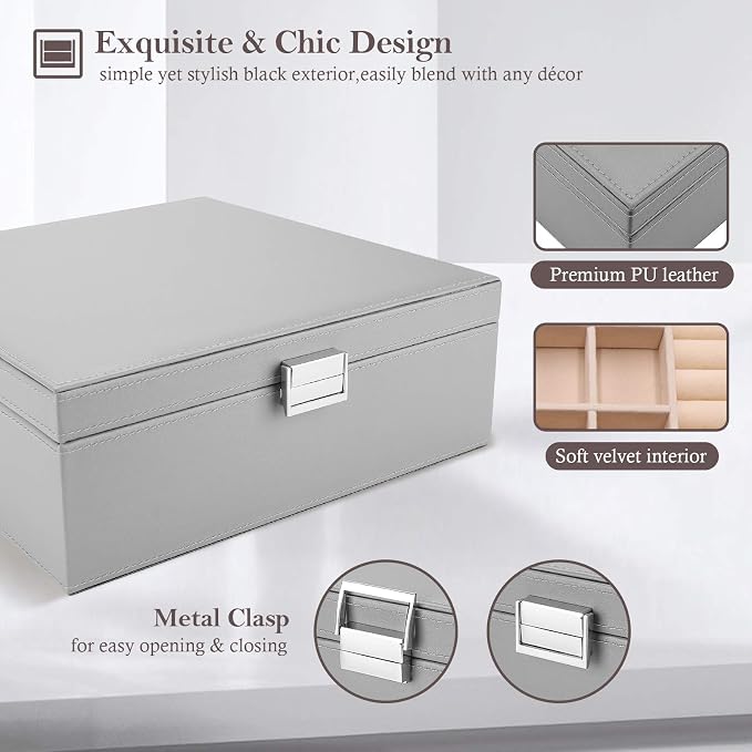 ProCase Jewelry Box for Women, 2 Layers Large Leather Jewelry Organizer Storage Case with Removable Pad for Earrings -Grey - Image 3