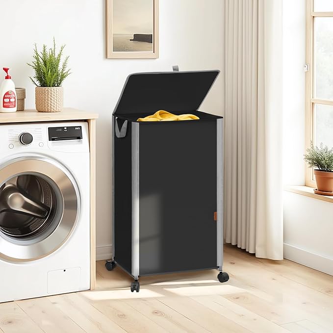 STORAGE MANIAC Rolling Laundry Hamper with Lid, 23.7 Gal (90 L) Large Tall Laundry Basket with Wheels & Handles, Aesthetic Dirty Clothes Hamper for Small Space, Dorm, Apartment, College, Black - Image 6