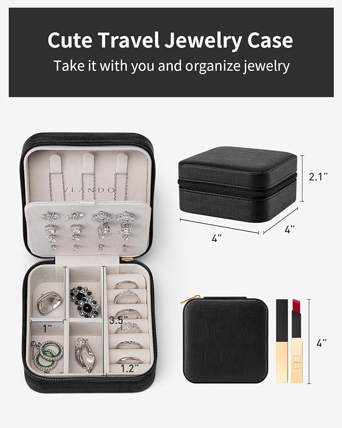VLANDO Travel Jewelry Case, Small Travel Jewelry Organizer Box for Girls Women - Black - Image 4