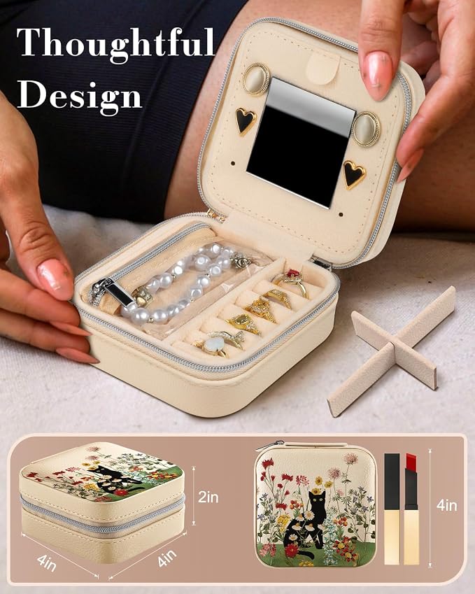 Bistup Travel Jewelry Case - Small Jewelry Organizers and Storage Box for Women Girls Teens Cute Traveling Jewelry Holder with Mirror Little Tiny Compact Modern Unique Aesthetic Pretty, Cat Flower - Image 2