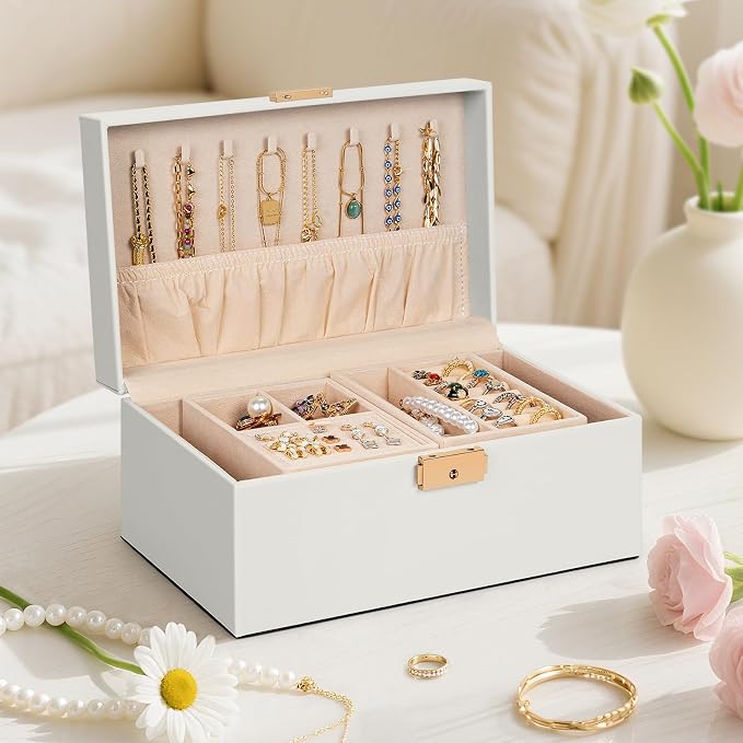 AKOZLIN Travel Jewelry Box Organizer Functional 2-trays Leather Jewelry Storage Case with Lockable Portable for Women Girls Ring Necklace Earring Bracelet - Image 7