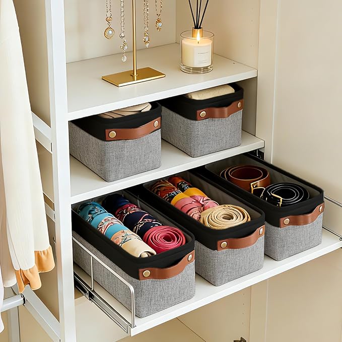 Bagnizer Small Fabric Storage Baskets, 15x6x5 inch Narrow Storage Bins 4-Pack Long Storage Basket for Organizing with Handles, Decorative Basket for Closets, Shelves, Toilet Paper, Grey - Image 3