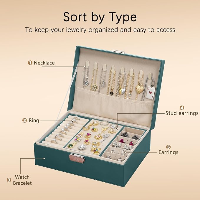 Homeanda Jewelry box 2 layer Jewelry box Leather Jewelry boxes for Women Girls Teens Jewelry organizer box Jewelry Storage box with lock(Green) - Image 5