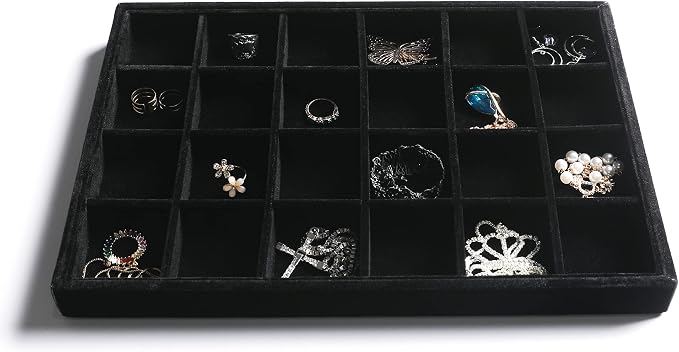 Frebeauty Stackable Velvet Jewelry Organizer Trays for Drawers Inserts Jewelry Storage Tray Display Case, Stud Earrings Bracelets Necklace Rings Accessories Trays for Women (Set of 2 Black) - Image 5