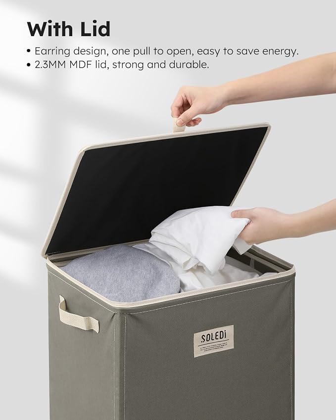 SOLEDI Laundry Hamper with Lid 100L Large & Tall Collapsible Laundry Basket, Clothes Hamper with Bag Removable Easy to Carry, Dirty Hampers for Bedroom, Bathroom, Dorm, College, Cement - Image 5