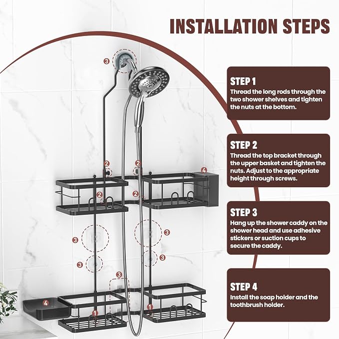 REINHARDT Adjustable Shower Caddy Hanging Rustproof Shower Caddy for Handheld Showerheads, Shower Organizer with Hooks Soap Holder Toothbrush Holder, Anti-Swing Shower Rack Bathroom Accessories, Black - Image 7
