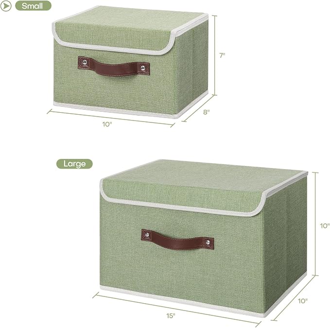 ANMINY Storage Bin with Lid Storage Boxes with PU Leather Handles PP Plastic Board Decorative Foldable Lidded Cotton Linen Fabric Home Cubes Baskets Closet Organizer Container - Green, Small Size - Image 5