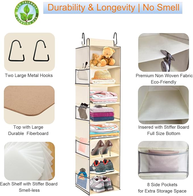 2 Pack Large-Sized Hanging Shoe Organizer 8-Shelf, Hanging Closet Organizer with 8 Side Pockets, Wider Hanging Shelves for Storage Shoes Clothes 9" W × 11.8" D× 48" H, Beige. - Image 5