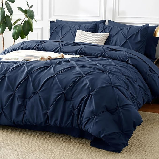 CozyLux Oversized King Comforter Sets Navy Blue, 7 Pieces Oversized King Pintuck Bed in A Bag, Pinch Pleat Bedding Sets with All Season Comforter, Flat Sheet, Fitted Sheet, Pillowcases & Shams