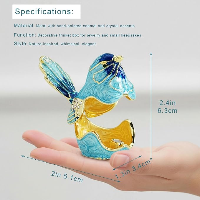 YU FENG Enamel Bird Trinket Box Jewelry Organizer, Hand Painted Decorative Hinged Keepsake Box – Blue Bird - Image 4