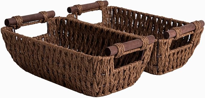 StorageWorks Handwoven Small Wicker Baskets, Round Paper Rope Storage Baskets with Wooden Handles, Dark Brown, 2-Pack by StorageWorks