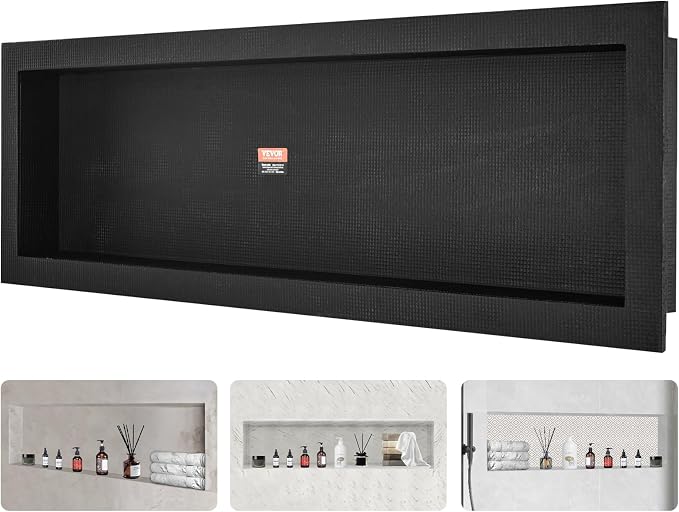 VEVOR Shower Niche Ready for Tile 16" x 50", Single Shelf Organizer, Square Corners Wall-inserted Niche Recessed, Sealed Protection Modern Soap Storage Niche for Shower Bathroom, Black by VEVOR