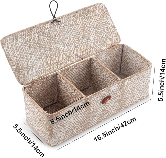 Whitewash Seagrass Tank Basket with Lid Woven Toilet Roll Storage Basket with Sections Rectangular for Organize Snack Toys (Large Compartment 16.5inch L x 5.5inch W x 5.5inch H) - Image 6