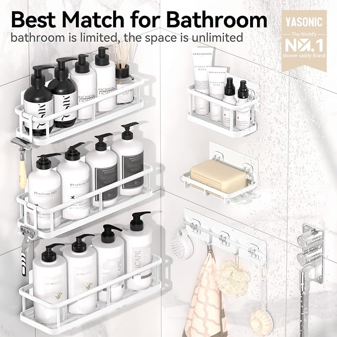 YASONIC Shower Caddy, 6 Pack Large Capacity shower organizer with Soap Holder and 12 Hooks, Rustproof Shelves for Inside Shower, No Drilling&Sleek Bathroom Organizers and Storage White - Image 2