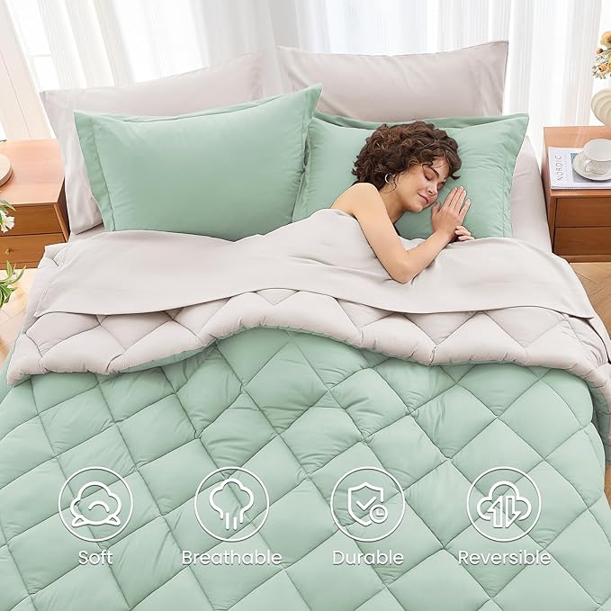 MUXHOMO 7 Pieces Full Comforter Set, Reversible Bed in a Bag Full Size, All Season Bedding Set with Comforter, Flat Sheet, Fitted Sheet, Pillowcases & Shams, Sage Green & Beige