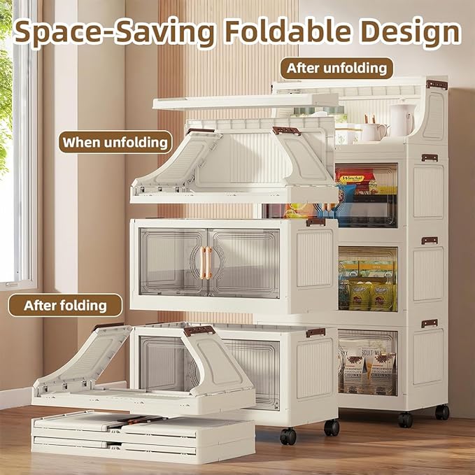 217QT Stackable Storage Bins with Lids & Rack, 5 Tier Large Capacity Foldable Storage Cabinet, Clear Collapsible Pantry Organizer for Home, Kitchen, Bathroom, Dorm, Office, Clear