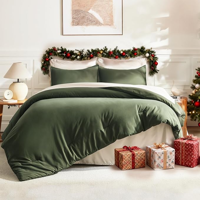 Litanika Oversized King Comforters Olive Green Super King Size, 3 Pieces Lightweight Solid Bedding Comforter Set, All Season Fluffy Bed Set (120x120In Comforter & 2 Pillowcases)