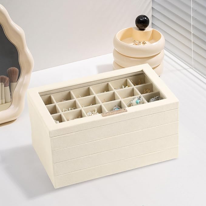Frebeauty Stackable Jewelry Trays, Velvet Drawer Jewelry Organizer with Glass Lid,5 in 1 Multi-Functional Jewelry Storage for Earrings Necklaces Rings, 10.5 x 6.5 x 5.55 Inches Gift for Women(Beige) - Image 6
