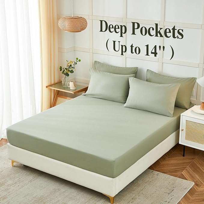 ILAVANDE Sage King Size Sheets Set 6 Piece,Super Soft 1800 Series Microfiber Bed Sheets King Set-Wrinkle & Fade Resistant-14“ Deep Pockets Sheets for King Size Bed(King,Sage Green)