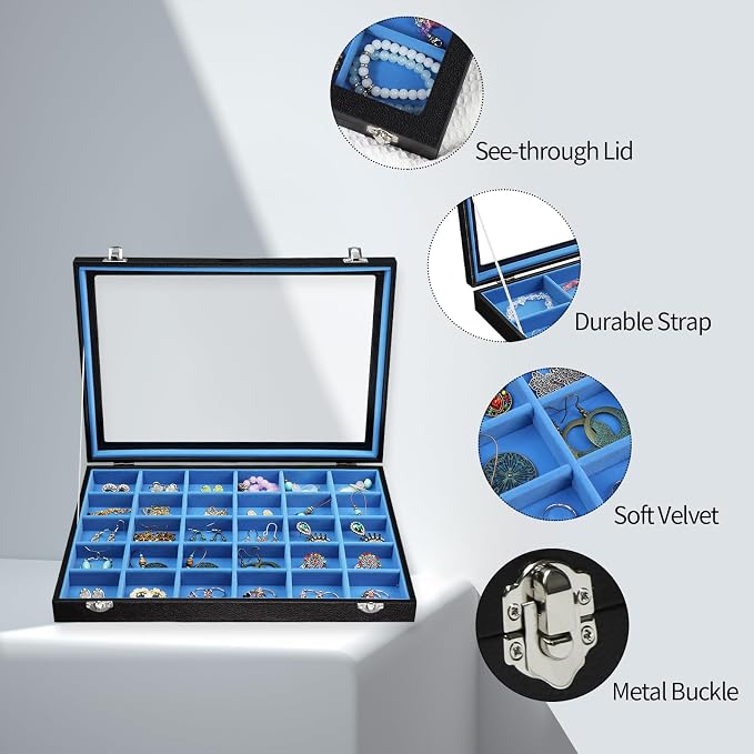 Stratalife Jewelry Holder Organizer Jewelry Drawer Organizer Earring Holder Jewelry Organizer Tray Earring Organizer for Women Girls Anti Tarnish Jewelry Box 30 Grid (Blue Black) - Image 2