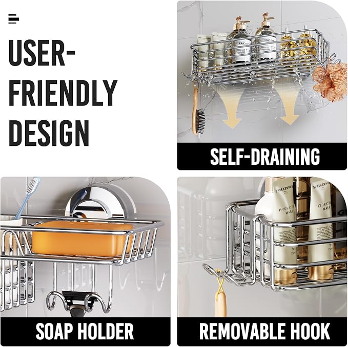 LEVERLOC Shower Caddy Suction Cup, 2 Pack Heavy Duty Bathroom Organizer for Inside Shower with Hooks & Soap holder, Removable and Rustproof Silver bathroom Holder Storage - Image 5