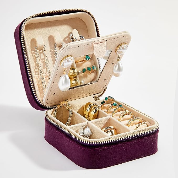 Smileshe Travel Velvet Jewelry Box with Mirror, Mini Gifts Case for Women Girls, Small Portable Organizer Boxes for Rings Earrings Necklaces Bracelets - Image 6