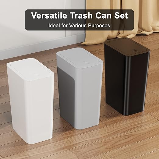 N. NETDOT 3 Pack 10L / 2.6 Gallon Small Trash Can with Lid,Bathroom Garbage Can with Pop-Up Lid,Waste Basket for Bathroom,Kitchen,Bedroom,Powder Room,Office,College (Black-Grey-Off White) - Image 7