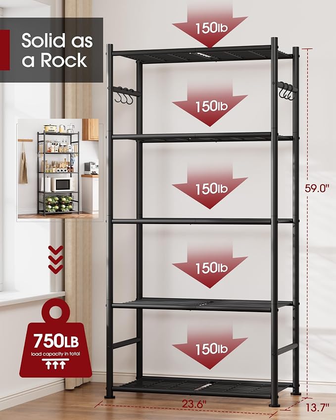 Sakugi Storage Shelves - 5-Tier Large Capacity Shelf Organizer with Hooks, Heavy-Duty Garage Shelving with Leveling Feet, Wobble-Free Rack for Bedroom, Balcony, Garage, 23.6"×13.7"×59", White - Image 3