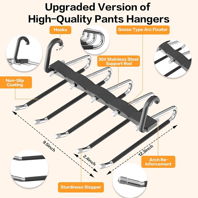 Pants Hangers Space Saving - 2 Pack Closet Organizer and Storage Jean Hangers, Stainless Steel Anti-Slip Clothes Hanger Scarf Holder for Pants Jeans Leggings Trousers Pant Rack, Black - Image 5