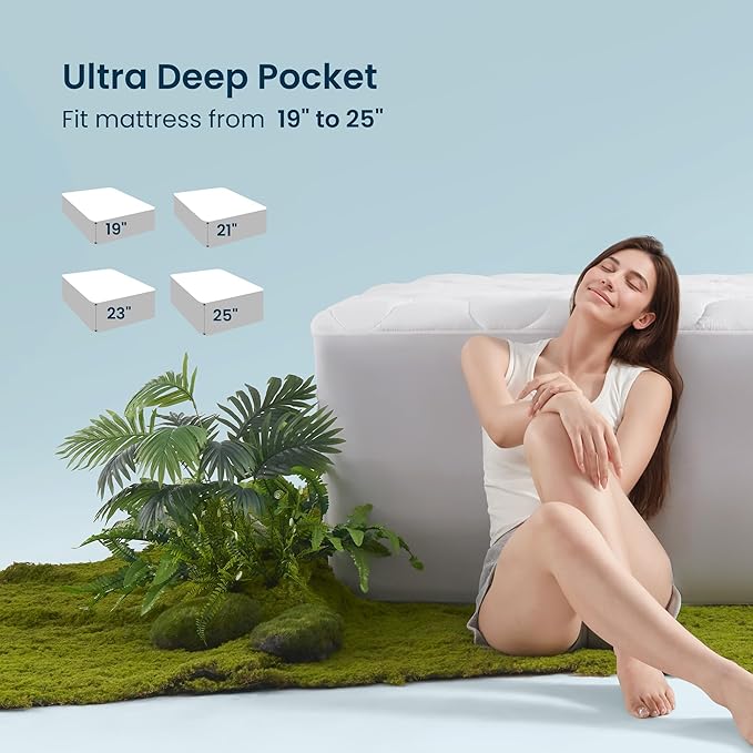 SLEEP ZONE King Air Mattress Pad, Quilted Mattress Topper Cover, Breathable and Noiseless Air Bed Mattress Protector with Deep Pocket Fits Up to 25 Inches (White)