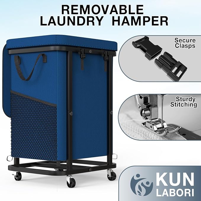 40 Gal(150L) High Grade Large Laundry Basket with Wheels, Rolling Laundry Hamper, Laundry Cart with Metal Frame and Removable Bag Design, Suitable for Laundry Room, Bedroom (Dark Blue, 150L) - Image 5