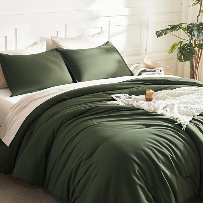 Litanika Comforters Olive Green Oversized Queen Size, 3 Pieces Lightweight Solid Bedding Comforter Set, All Season Fluffy Bed Set (98x98In Comforter & 2 Pillowcases)