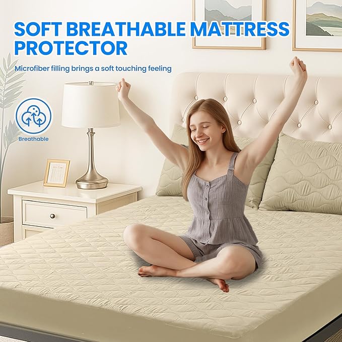 Waterproof Mattress Protector,Twin XL Mattress Protector Fitted Up to 16" Deep Pocket, Soft Breathable Bed Mattress Cover for Bedroom,Doom Room Machine Washable,(Khaki)