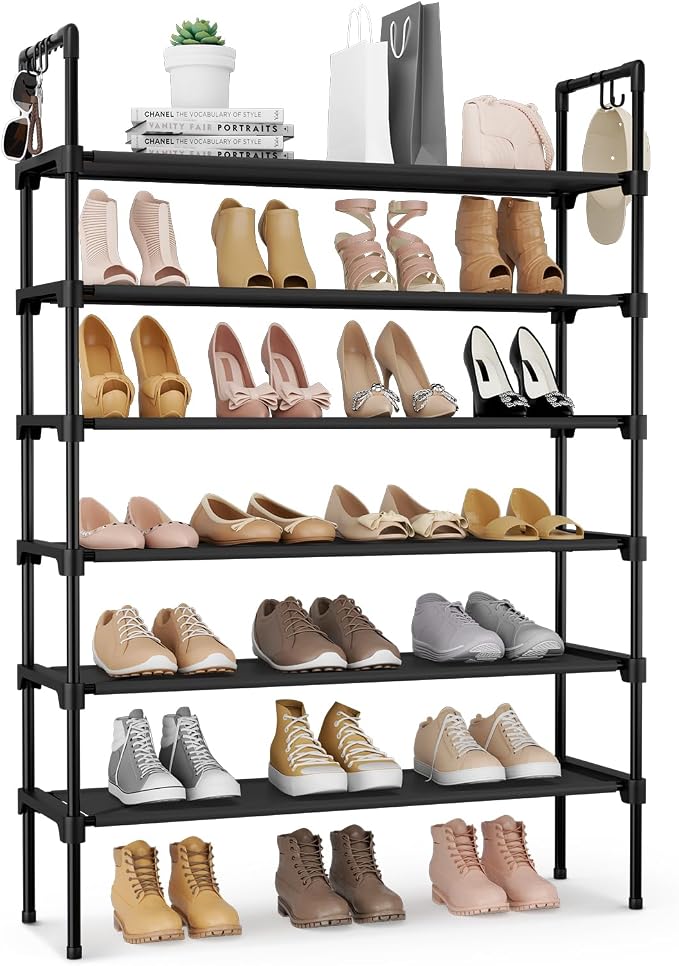 LANTEFUL 6 Tier Shoe Rack for Closet Shoe Organizer with 5 Hooks, Long Shoe Shelf Storage for Shoe and Boot Stackable Free Standing Shoe Rack for Entryway, Garage, Small Spaces, Dorm, Black by LANTEFULforTidyingHouse