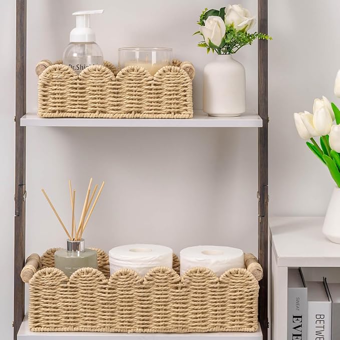 CubesLand Toilet Paper Storage Organizer Basket, Scalloped Decorative Baskets for Over Toilet Shelves, Wicker Small Basket Perfect for Home Countertop Storage & Decor, Living Room Shelf Decor, Beige - Image 4