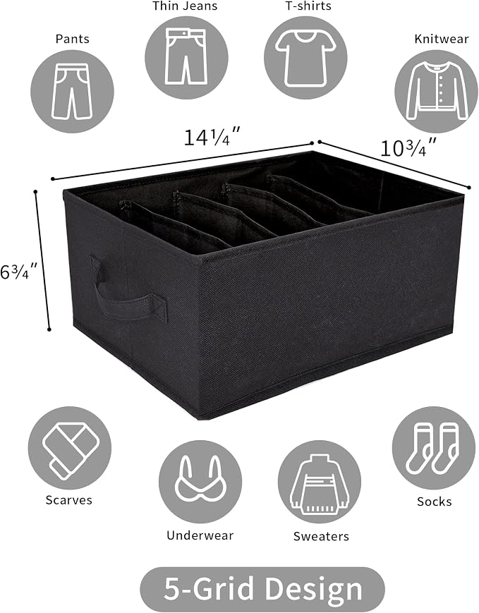 GRANNY SAYS 5-Grid Drawer Organizer: Storage Bins for T-Shirts, Pants, Sweaters & Scarves - Black Clothes Storage & Divider Sets (4-Pack) - Image 5