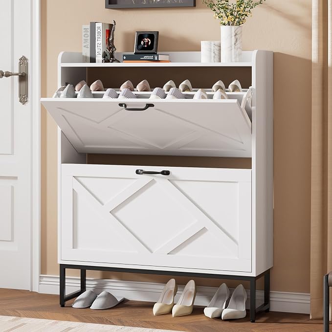 Nicetree Shoe Storage Cabinet with 2 Flip Drawers, Freestanding Shoe Organizer, Shoe Cabinet with Metal Legs, Narrow Shoe Rack Cabinet, Farmhouse Slim Shoe Cabinet for Entryway, Foyer, Hallway, White by Nicetree