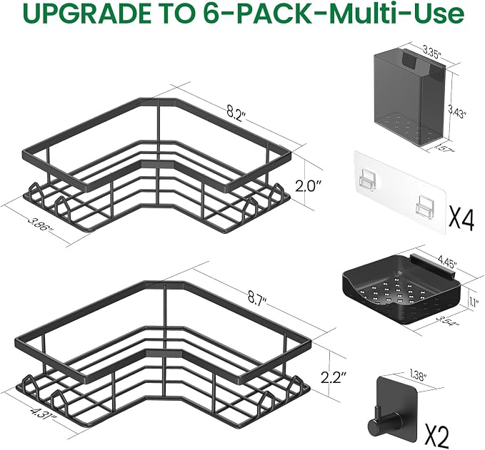Adhesive Shower Caddy, 6 Pack Corner Bath Organizer, Rustproof Stainless Steel Shower Shelves with Large Capacity, No Drilling Shelves for Bathroom Storage, Home, Kitchen Decor - Image 2
