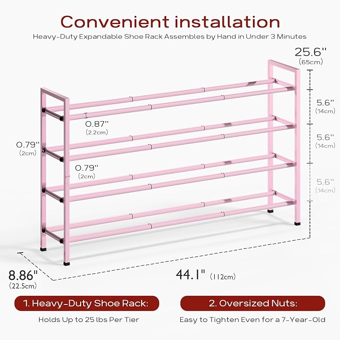 Bumusty 4-Tier Long Expandable Shoe Rack for Closet, 18"-44" Adjustable Shoe Rack for Entryway, 20-24Pairs Large Shoe Organizer Shelf Storage, Sturdy Metal, Black - Image 3