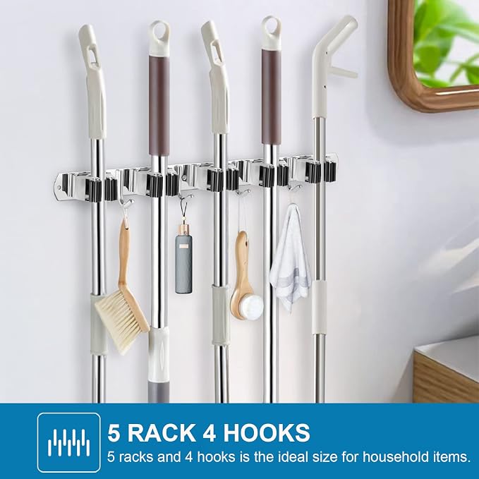 IMILLET 2 Pack Wall Mount Broom Holder Stainless Steel 5 Racks with 4 Hooks Broom Organizer Self Adhesive Heavy Duty Laundry Room, Garage Organization Storage - Image 2