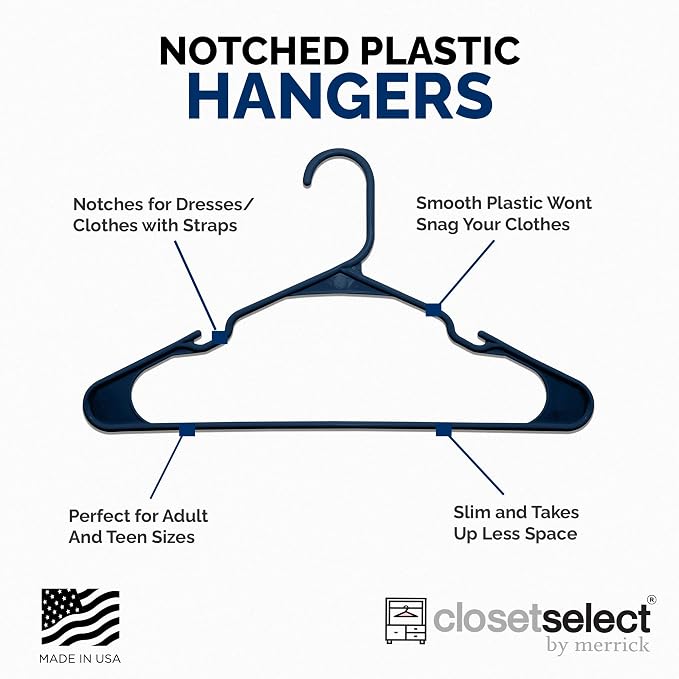 Closetselect Plastic Hangers 50 Pack - Space Saving Clothes Hangers, Made in USA, Durable & Strong Plastic Shirt & Coat Hanger with Notches & Shoulder Grooves, Non-Slip Hangers | Blue Sapphire - Image 4