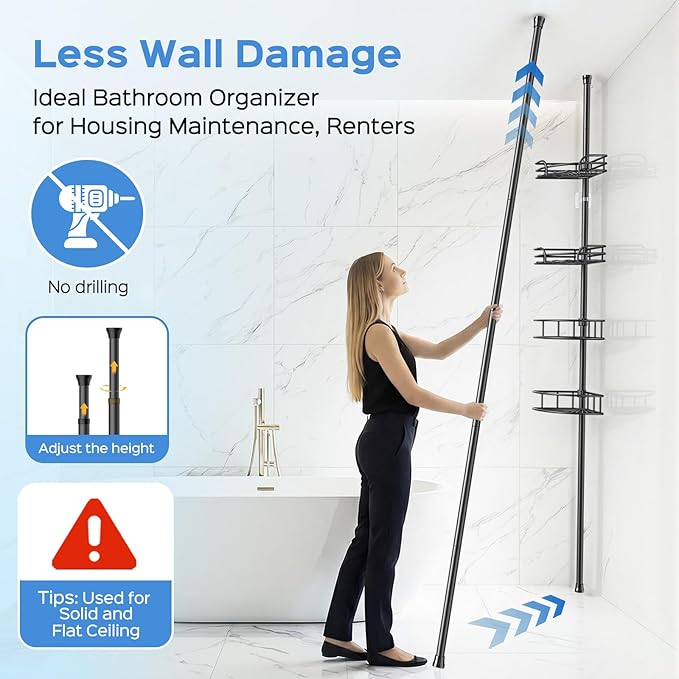 HAMITOR Corner Shower Caddy Tension Pole: 4-Tier Large Capacity Bathroom Organizer Shelf with Towel Bar - Rustproof No-Drill Adjustable 47-123 inch Storage for Renters, Home Bathtub Stand Rack, Black - Image 3